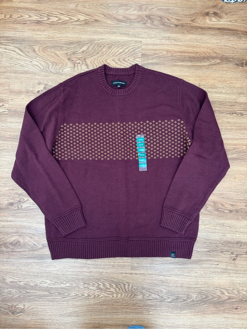 Lucky Brand Maroon Crewneck Sweater with Tan Chest Pattern